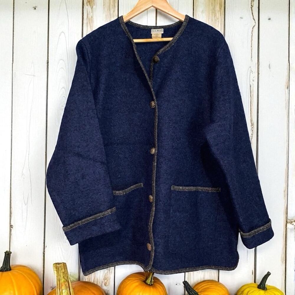 L.L. Bean Navy Blue Wool Jacket with Tan Trim